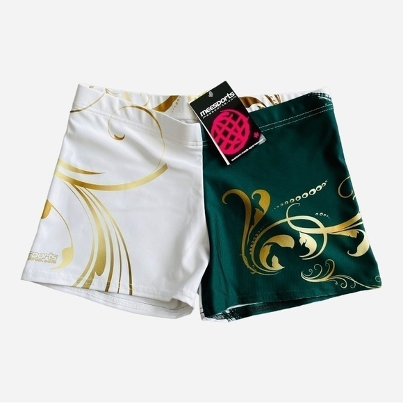 New Mee Sports Custom Made Sportswear Green White Gold Women’s Athletic Shorts - Picture 2 of 5